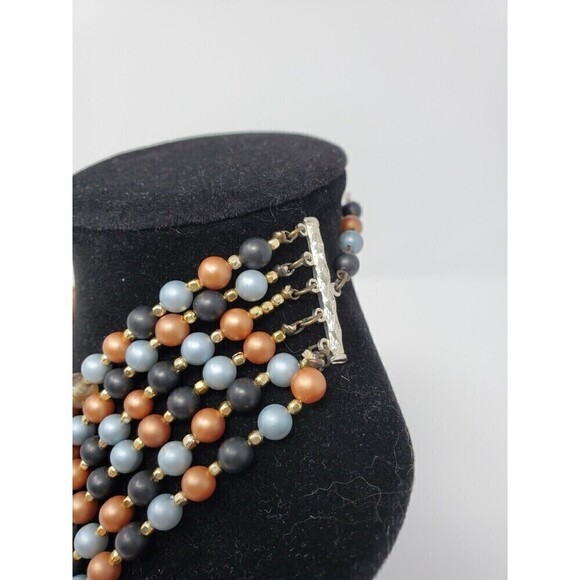 VINTAGE JAPAN SIX STRAND BEADED NECKLACE COPPER BRONZE BROWN BLUE HOOK CLOSURE - Picture 5 of 12